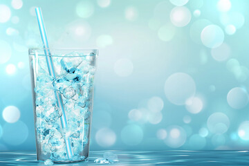 Glass of water with ice cubes and straw on blue background illustration