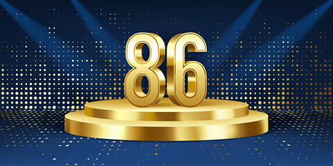 86th Year anniversary celebration background. Golden 3D numbers on a golden round podium, with lights in background.