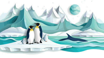 Antarctica scenery with glaciers emperor penguin family - obrazy, fototapety, plakaty