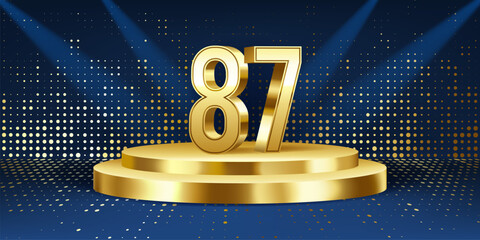 87th Year anniversary celebration background. Golden 3D numbers on a golden round podium, with lights in background.