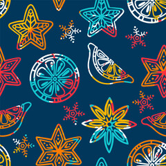 Merry Christmas pattern. Design, wallpaper, textiles, packaging, seamless print with orange and cinnamon 