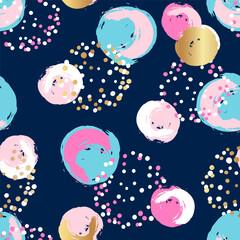 Abstract seamless pattern with colourful circle, spots, spray and gold glitter. Fashion texture background. Creative wallpaper for girl.