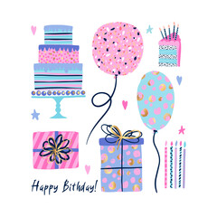 Cute abstract illustration with balloons, cake and present box. Birthdays set design for girls. 
Fashion girlish greeting card