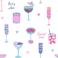 Abstract seamless pattern with wine glasses and cocktails. Fashion print for girl
