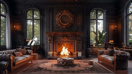 Elegant Gothic-Inspired Lounge with Grand Piano and Fireplace. Concept Gothic Style, Lounge Decor, Grand Piano, Fireplace, Elegant Ambiance