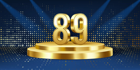 89th Year anniversary celebration background. Golden 3D numbers on a golden round podium, with lights in background.