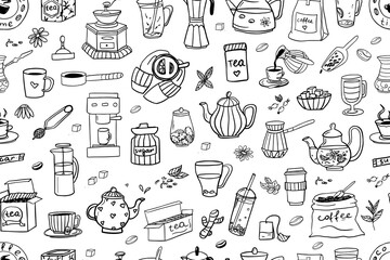 Seamless pattern of hand drawn coffee and tea theme elements in doodle style. Coffee time. Tea shop. Vector illustration EPS10. Isolated on white background