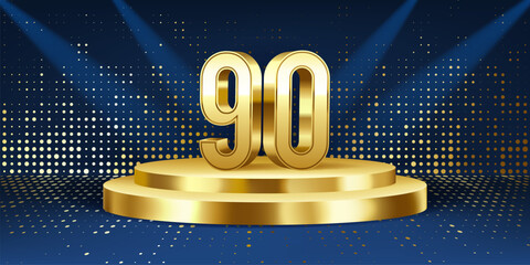 90th Year anniversary celebration background. Golden 3D numbers on a golden round podium, with lights in background.