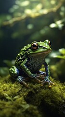 Obraz premium Vibrant green frog with intricate black markings sitting majestically atop lush, mossy surface, surrounded by ethereal glow of soft lighting filtering through dense foliage above.