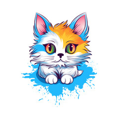 Cat With Big Expressive Eyes - Cat With a Colorful Face Sitting on a Blue Surface, Vector Illustration.