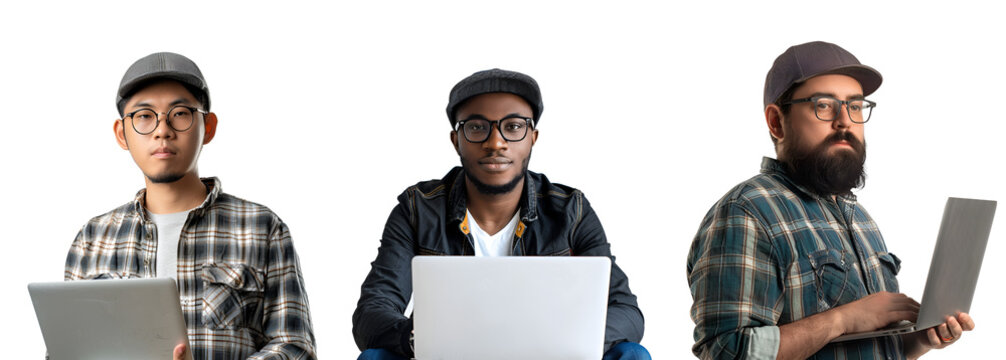 Array of men programming with laptops in half-body portraits, Isolated on Transparent Background, PNG