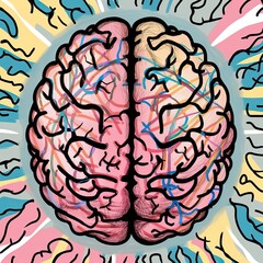 Obraz premium Cartoon drawing of a colourful brain close up so you can see the lines and veins. View from above