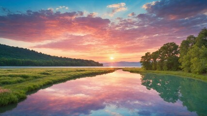 Breathtaking sunset paints sky with hues of pink, orange, purple over serene river surrounded by lush greenery, rolling hills. Reflection of colorful sky dances on calm waters.