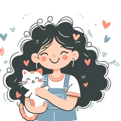 Obraz premium illustration of a girl happy with curly hair holding a cute cat