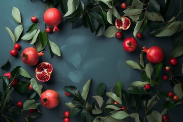 Mockup with pomegranates and branches, free space for text in the middle. Ripe juicy pomegranates, berries and seeds, elegant tree branches with leaves, dark blue black table, top view flat lay. - 785779287