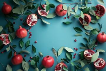 Mockup with pomegranates and branches, free space for text in the middle. Ripe juicy pomegranates, berries and seeds, elegant tree branches with leaves, blue table, top view flat lay. - 785779292