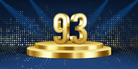 93rd Year anniversary celebration background. Golden 3D numbers on a golden round podium, with lights in background.