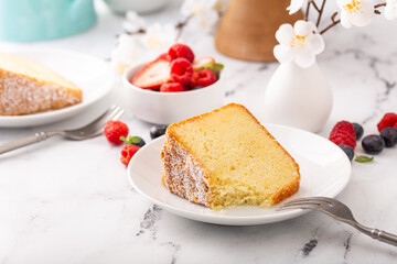 Classic vanilla pound cake sliced and ready to eat