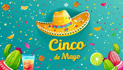 Cinco de Mayo. Inscription May 5 in English .  Sombrero hat,     cactus, drink , Holiday concept. Template for background, banner, card, poster with text inscription, Mexican party 