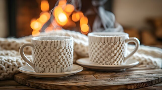 Cozy Fireplace Retreat with Warm Mugs. Concept Cozy Atmosphere, Fireplace Setting, Warm Beverages, Relaxing Retreat