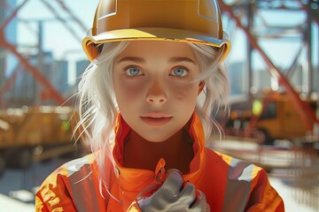 Photo portrait of a young school girl in working construction attire and a helmet. Illustration of happy child on the construction site in a protective suit, introduction to professions, safety - 785779824