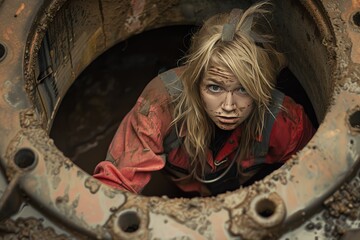 Girl peeks out of a sewer manhole. A portrait photo of a girl in work clothes on the road in a manhole. Heavy male labor, gender equality, plumber, road repair. - 785779826