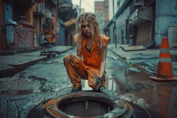 Girl peeks out of a sewer manhole. A portrait photo of a girl in work clothes on the road in a manhole. Heavy male labor, gender equality, plumber, road repair. - 785779827