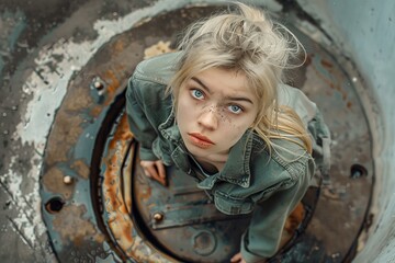 Girl peeks out of a sewer manhole. A portrait photo of a girl in work clothes on the road in a manhole. Heavy male labor, gender equality, plumber, road repair.
