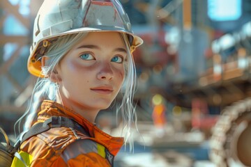 Photo portrait of a young school girl in working construction attire and a helmet. Illustration of happy child on the construction site in a protective suit, introduction to professions, safety