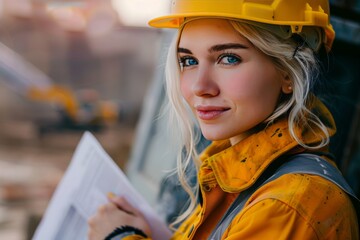 Photo portrait of a young beautiful woman in helmet, work clothes working at construction site. Engineer girl, builder, gender equality, male job for women, weaker sex, working at a construction site. - 785779831