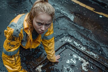 Girl peeks out of a sewer manhole. A portrait photo of a girl in work clothes on the road in a manhole. Heavy male labor, gender equality, plumber, road repair.