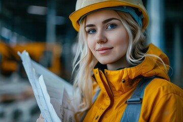 Photo portrait of a young beautiful woman in helmet, work clothes working at construction site. Engineer girl, builder, gender equality, male job for women, weaker sex, working at a construction site.