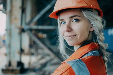 Photo portrait of a young beautiful woman in helmet, work clothes working at construction site. Engineer girl, builder, gender equality, male job for women, weaker sex, working at a construction site. - 785779836