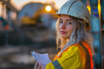 Photo portrait of a young beautiful woman in helmet, work clothes working at construction site. Engineer girl, builder, gender equality, male job for women, weaker sex, working at a construction site. - 785779837