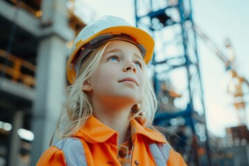 Photo portrait of young girl in working construction attire and helmet. Child, construction, protective suit, dream. Children's development, introduction to professions, adult life, safety, choice
