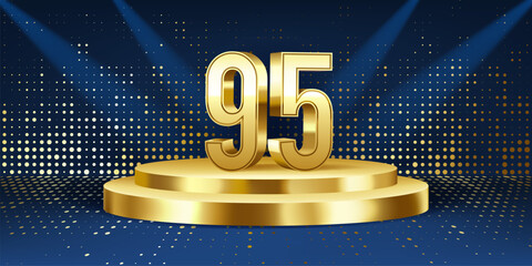 95th Year anniversary celebration background. Golden 3D numbers on a golden round podium, with lights in background.