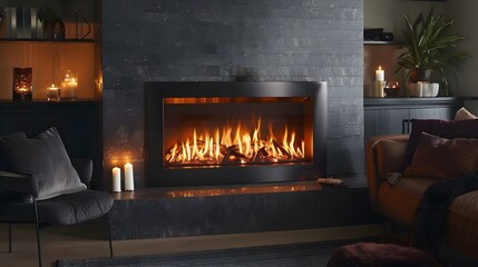 Modern Living: Cozy Electric Fireplace Ambience. Concept High-tech Heat, Electronic Flames, Cozy Decor, Flameless Warmth, Futuristic Fireside - obrazy, fototapety, plakaty