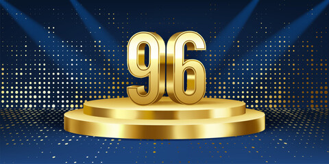 96th Year anniversary celebration background. Golden 3D numbers on a golden round podium, with lights in background.