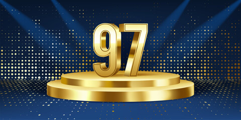97th Year anniversary celebration background. Golden 3D numbers on a golden round podium, with lights in background.