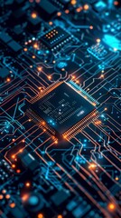 Obraz premium Abstract technology background of a computer system with processor and electronic circuit. Artificial neurons, data connections, quantum computing.