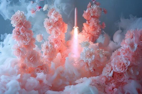 A rocket and pink flowers. The concept of peace and spring