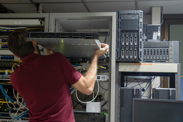 IT technical problem in server room with data connection visual effect .