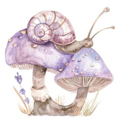 Watercolor drawing of a funny cartoon snail crawling on purple mushrooms on a white background.