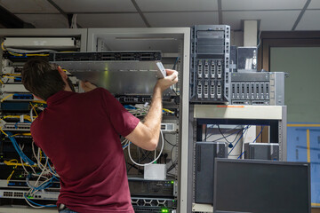 IT technical problem in server room with data connection visual effect .