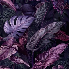 This image features a beautiful repeating pattern of tropical leaves in varying shades of purple and violet, evoking a lush and exotic atmosphere