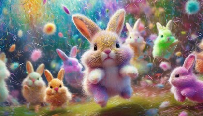 Fototapeta na wymiar Fluffy bouncing rabbit, cute, immersive, background that maximizes visual effect