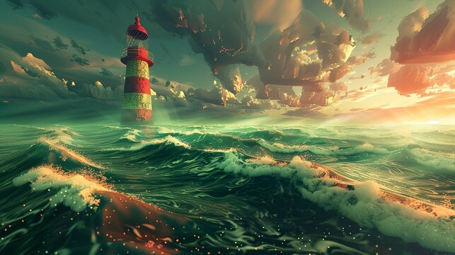  A huge lighthouse painted in red and white, huge waves and sunshine