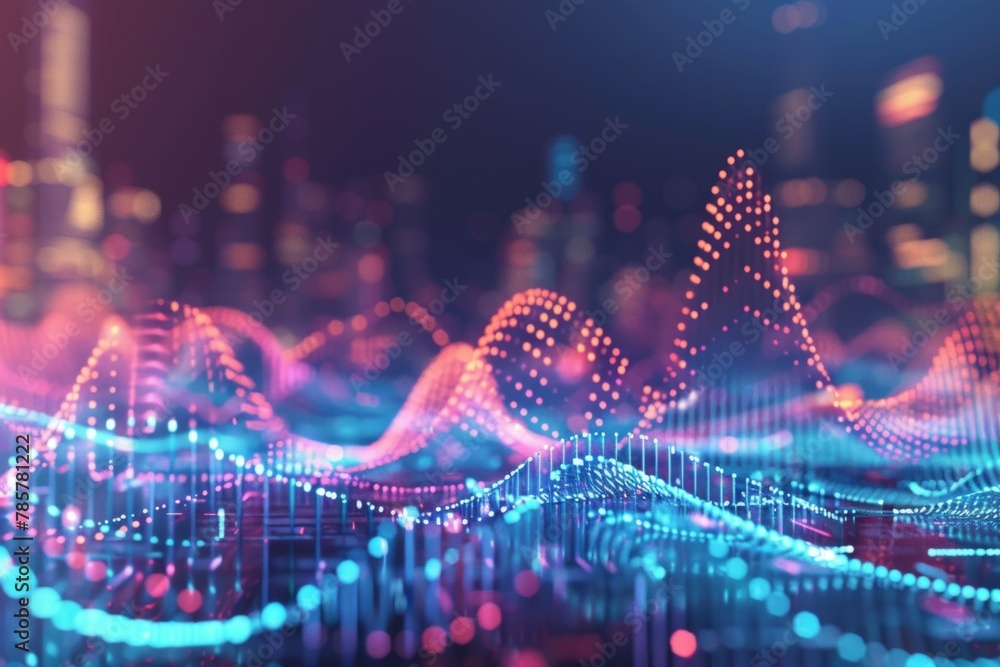 Poster vivid blue and pink wave pattern embellished with red dots, adding depth and texture to the design
