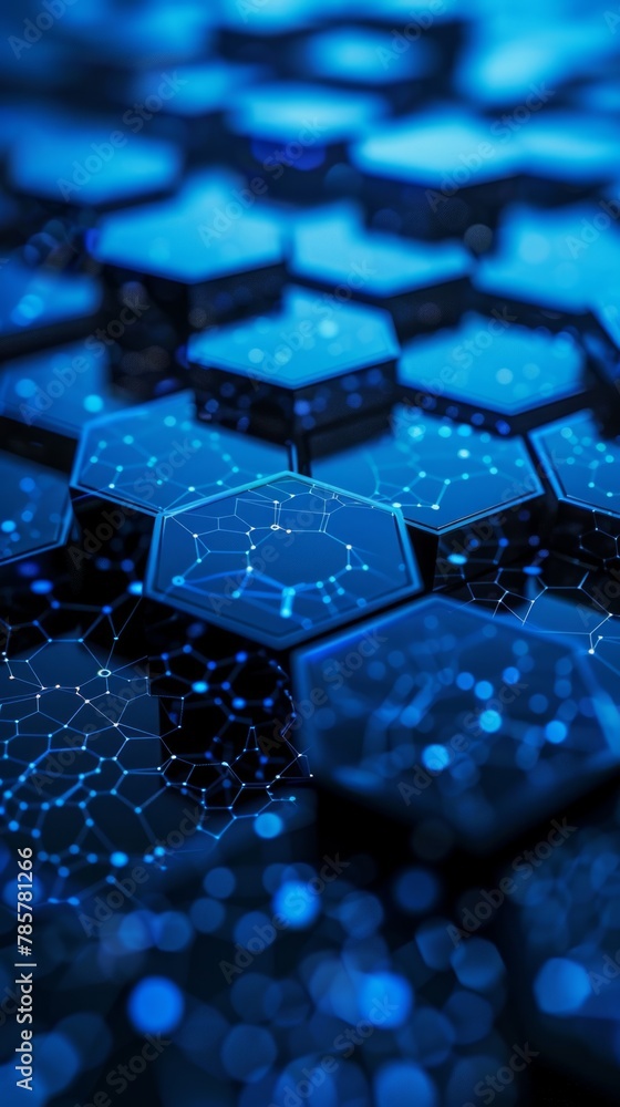 Poster pattern of blue hexagons with dots on background, creating a modern and stylish aesthetic