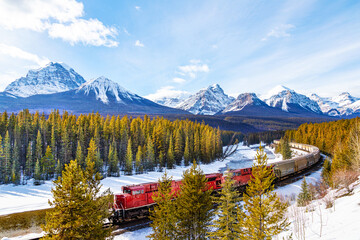 Red cargo train passing through Morant's Curve in Banff during Winter - 785781481